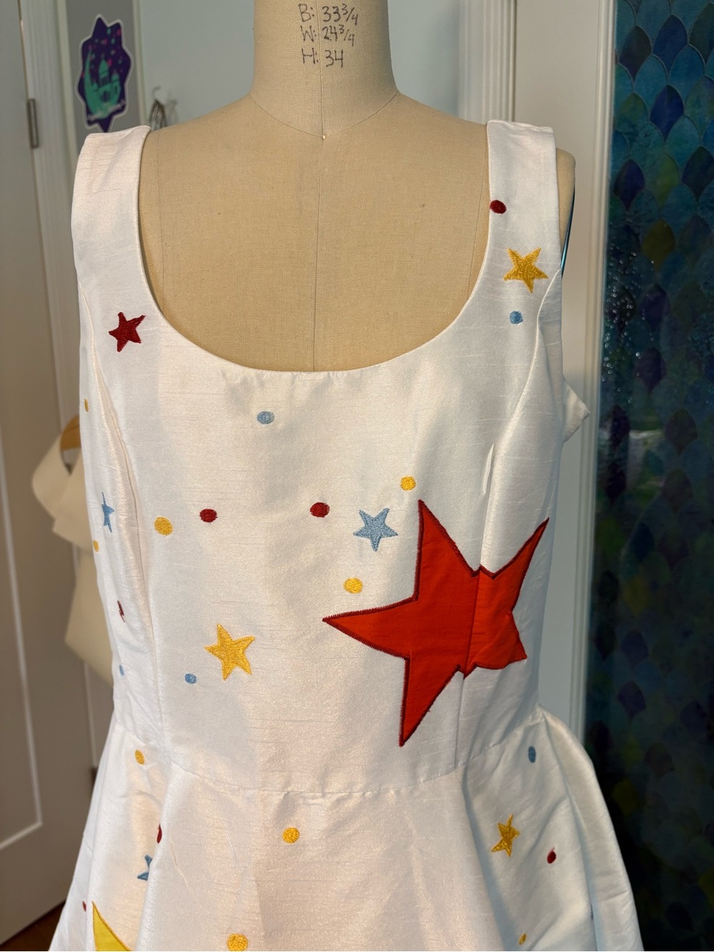 Raver, whimsical, galaxy dress - white sleeveless colorful Star Appliqués - Picture 3 of 14